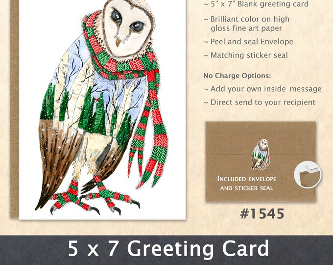 Christmas Owl Note Card Xmas Card Owl Card Bird Card Customizable Blank Note Card Watercolor Art Card Greeting Card