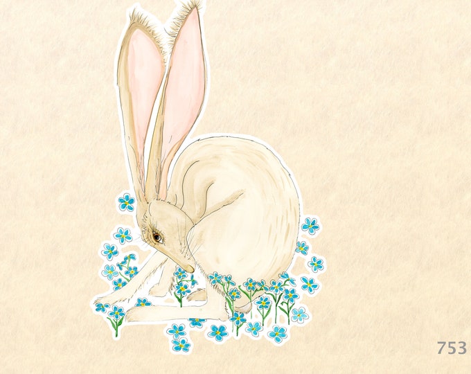 Hare and Blue Flowers Sticker Rabbit Sticker Bunny Sticker Decorative Sticker Water Bottle Sticker Scrapbooking Sticker Macbook Decal