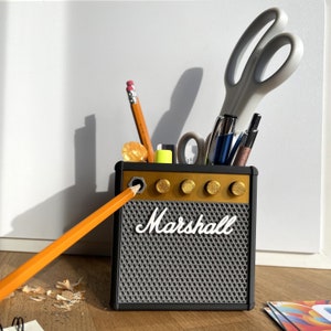 Guitar Pick Desk Organizer, Classic Amp Pen Holder, Musical Gift for Him, Custom Personalization, Handy Pencil Sharpener, Black and Gold