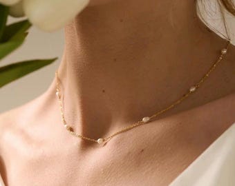 Handmade 18K Gold-Plated Freshwater Pearl Necklace – Dainty Minimalist Bridal Jewelry, Christmas Gift