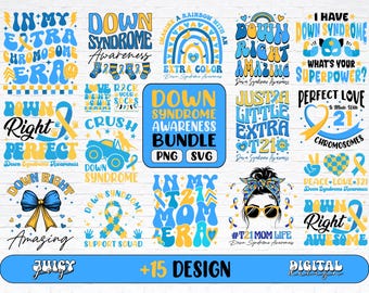 May include: A collection of digital designs with text and graphics in blue and yellow, promoting Down Syndrome awareness. The designs include phrases like "Down Syndrome Awareness," "Extra Chromosome Era," and "What's Your Superpower?"