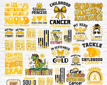 May include: A collection of 28 designs with text and graphics related to childhood cancer awareness. The designs feature phrases like "We Wear Gold," "Childhood Cancer Awareness," and dinosaur illustrations, in yellow and black.