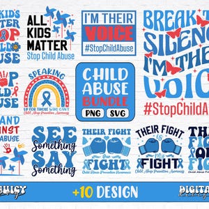 Könnte beinhalten: Ein Set mit 10 digitalen Designs für T-Shirts, Tassen oder andere Produkte. Die Designs zeigen blauen und roten Text mit den Sätzen "Stop Child Abuse", "Break the Silence", "I'm Their Voice", "See Something Say Something" und "Their Fight is My Fight".