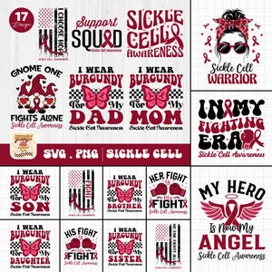 以下が含まれることがあります： 鎌状赤血球症啓発に関連するテキストとグラフィックを含む17のデザインのコレクションです。「Support Squad」、「Sickle Cell Warrior」、「I Wear Burgundy for My Dad」などのフレーズが含まれています。グラフィックには、蝶、ボクシンググローブ、リボンが含まれています。