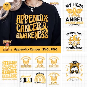 Könnte beinhalten: Eine Sammlung von Designs zur Sensibilisierung für Blinddarmkrebs. Die Designs umfassen textbasierte Grafiken auf schwarzen Sweatshirts und weißen Hintergründen. Der Text enthält Sätze wie "Appendix Cancer Awareness", "My Hero Is Now My Angel".