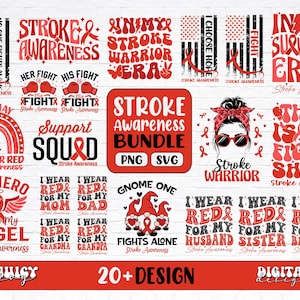 Peut inclure: Un lot de plus de 20 designs numériques sur le thème de la sensibilisation aux accidents vasculaires cérébraux. Les designs sont en rouge, blanc et noir et comprennent des textes tels que "Sensibilisation aux accidents vasculaires cérébraux", "Équipe de soutien", "Dans mon ère de survivant", "C'est mon t-shirt de combat", "Mon héros est maintenant mon ange", "Je porte du rouge pour ma mère", "Un gnome se bat seul" et "Je porte du rouge pour mon mari".