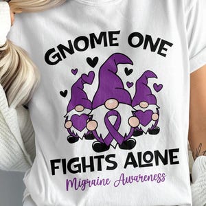 Gnome One Fights Alone Svg, Migraine Awareness Svg Png, Purple Ribbon, Chronic Headache Pain Support Svg Cricut Sublimation Design