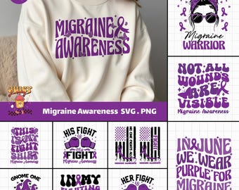 May include: A set of 15 digital designs featuring purple and white graphics with the text "Migraine Awareness" and various slogans related to migraine awareness. The designs include a woman with a purple ribbon in her hair, a gnome, and a fist with a purple ribbon.