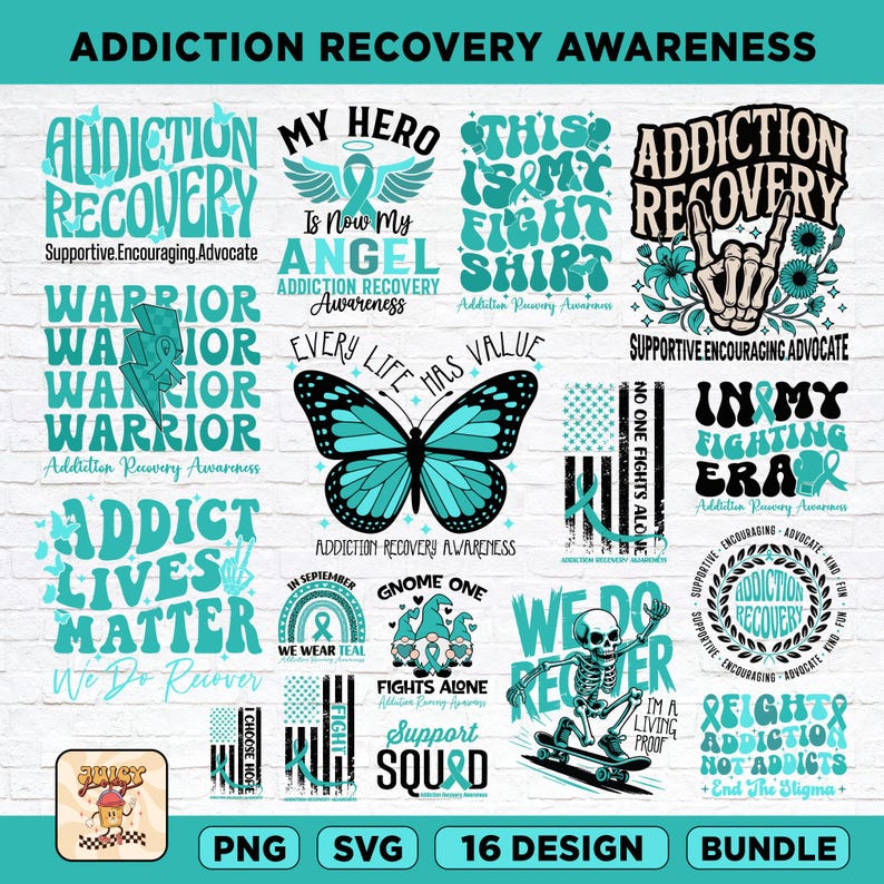 Addiction Recovery Awareness SVG PNG Bundle: Teal Ribbon Fighter ...
