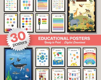 Educational Posters Set of 30, ABC, Numbers, Shapes (Digital Download)