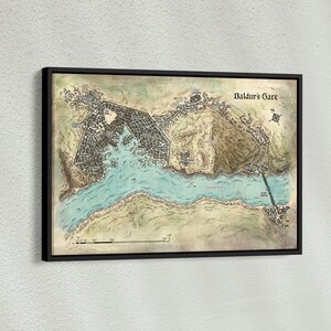 Affiche de carte de Baldur's Gate, toile de carte des royaumes oubliés, jeu vidéo, oeuvre d'art de carte de jeu, impression de carte de donjon et de dragons, décoration de joueur, cadeau de Noël