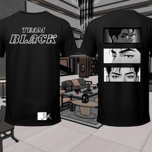 May include: Black t-shirt with white text that says "TEAM BLACK" on the front and a graphic of a man's face on the back. The graphic is repeated three times, showing different angles of the man's face.