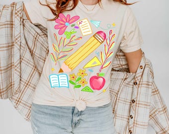 Floral Teacher Pencil PNG, Coquette Teacher Back To School Png, Brushstroke 1st Day Of School Png, Boho Floral Teacher Png, School Girl Png