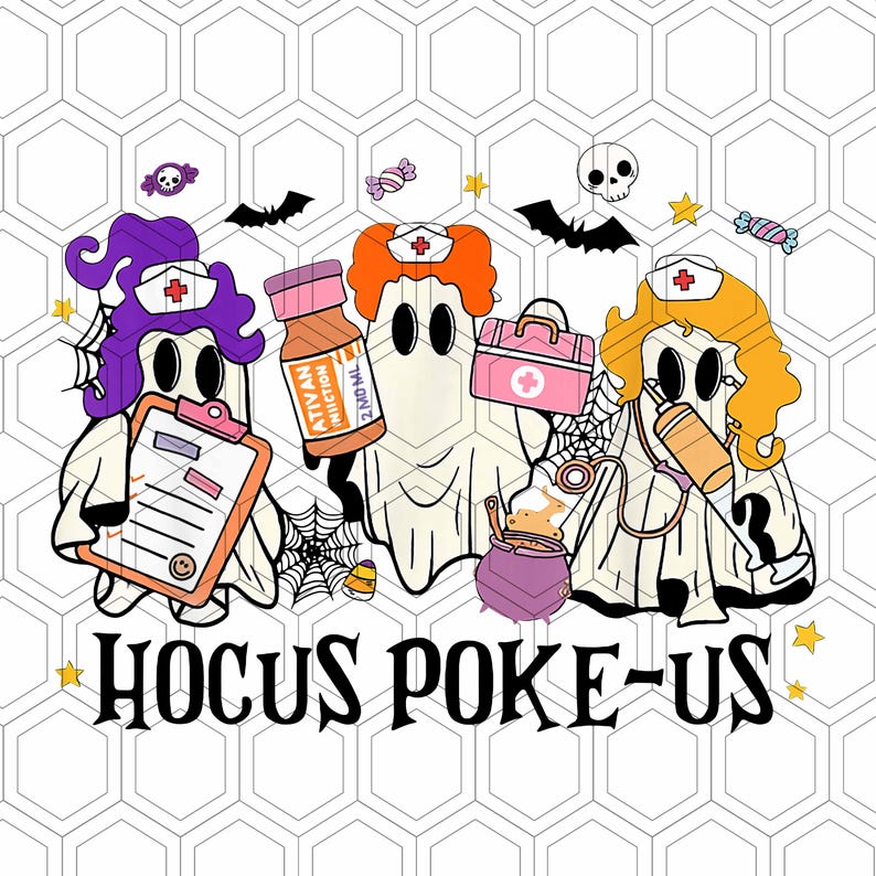 May include: Three cartoon ghosts dressed as nurses with medical supplies, including a clipboard, a vial of medication, and a first aid kit. The text "HOCUS POKE-US" is below the ghosts.
