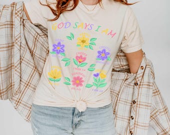 Christian Flowers PNG, God Says I Am Flowers PNG, Kids Flower Sublimation, Bible Verse PNG, Biblical Toddler Tee Design Png, Faith, Jesus