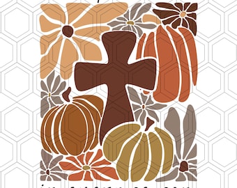May include: A fall-themed graphic with the text "I will praise him in every season" and Psalm 146:2. The design features a brown cross, pumpkins, and flowers in shades of orange, brown, and tan, set against a geometric background.