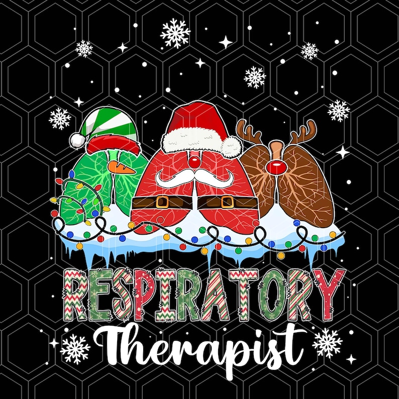 Pu&ograve; includere: Grafica festiva con tre illustrazioni natalizie del sistema respiratorio: un pupazzo di neve, Babbo Natale e polmoni di renna. Il design include il testo "Respiratory Therapist" con accenti di fiocchi di neve su sfondo nero.