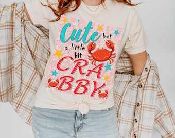 Cute But A Little Bit Crabby Sarcastic PNG, Humorous Crab Coastal PNG, Preppy Stripes Summer Sassy Beach Shirt Design, Funny Summer Crab PNG