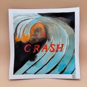 Original Ink Painting &quot;CRASH&quot; Blue Wave Black Sky 7.9&quot; x 7.9&quot;