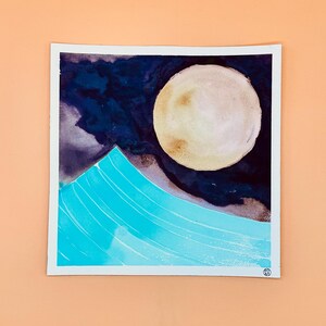 Moon & Ocean Ink Painting | Abstract Modern Artwork on Arches Watercolor Paper | Handcrafted Nature-Inspired Art