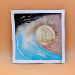 Modern Original Ink Painting of Moon & Wave 7.9&quot; x 7.9&quot;