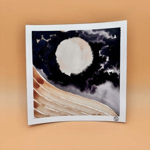 Contemporary Pink Moon Wave Ink Painting 7.9&quot; x 7.9&quot;