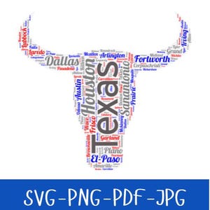 Carte typographique du Texas Longhorn Steer | Téléchargement numérique mettant en vedette des villes du Texas | Parfait pour les t-shirts et les oeuvres d'art murales