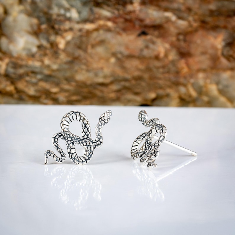 May include: A pair of silver-colored snake earrings. One earring is a stud, and the other is a detailed snake design. The snakes are coiled and have textured scales. The earrings are displayed on a white surface with a blurred brown background.