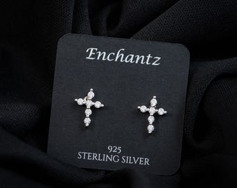 CZ Cross Stud Earrings for Women, Sterling Silver Push Back Tiny Cross Christian Faith Jewelry, Gift for Mom