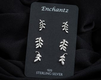 Branch Leaf Silver Earrings, Dainty 925 Sterling Silver Stud Earring, Botanical Tiny Leaves Stud for Girls Women, Nature Outdoorsy Gift Idea