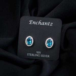 Heirloom Blue CZ Stud Earrings, 925 Sterling Silver Oval Halo Earrings for Women, Perfect Gift for Her