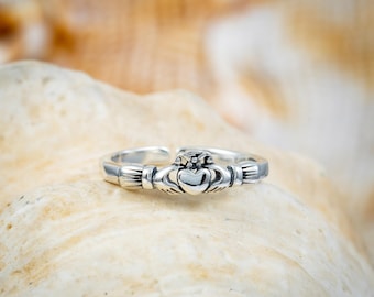 Classic Silver Claddagh Toe Ring for Her, Friendship Midi Rings, Celtic Irish Toe Bands for Women, Adjustable Toe Ring, Gift for Friend