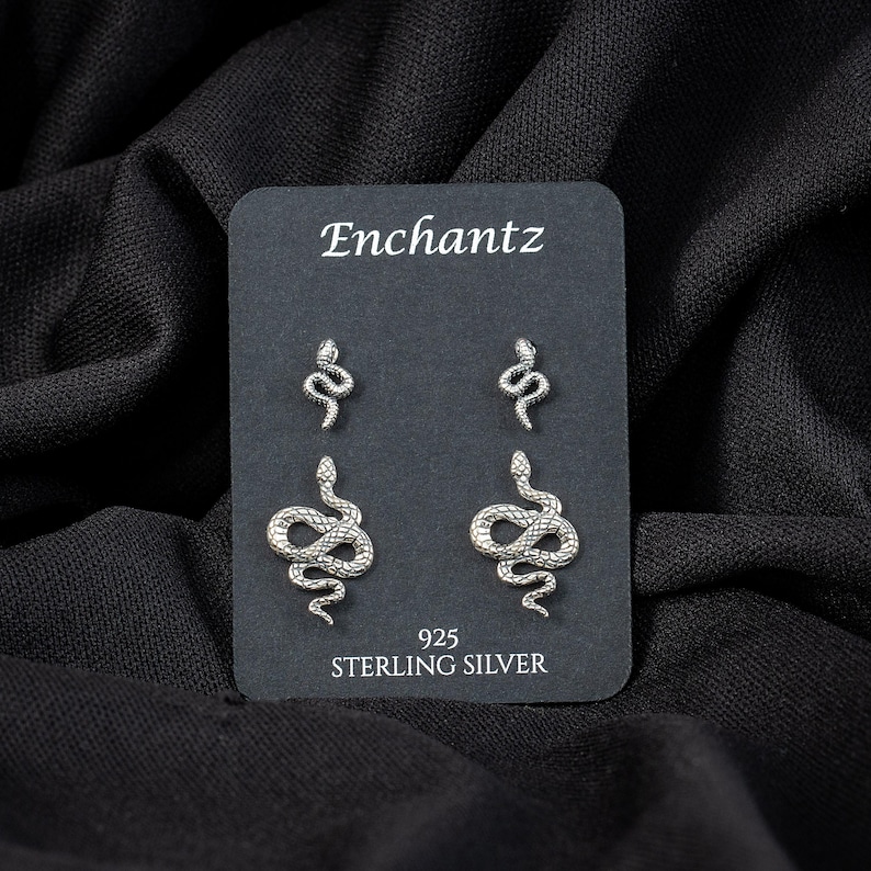 May include: Silver snake earrings on a black card with the text "Enchantz" and "925 STERLING SILVER". The earrings are in the shape of snakes, with two pairs of different sizes.