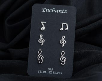 Musical Notes Silver Stud Earrings - 925 Sterling Silver Push Back for Girls Kids Women, Treble Clef Stud, Music Lover Gift for Musicians