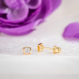 Tiny Square Stud Earrings in 14k Gold for Toddlers, Solid Gold CZ Screw Back Earrings for Girls, Small Geometrical Stud, Gift for Her