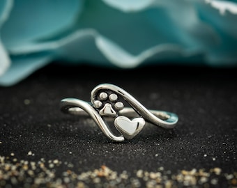 Paw Print with Heart Sterling Silver Adjustable Toe Ring, Pet Loss Sympathy Gift for Best Friend