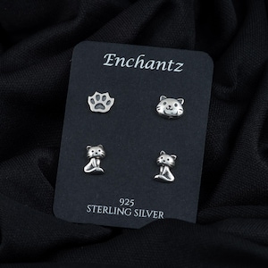 Dainty Cat Silver Earrings Studs, 925 Sterling Silver Cat Earrings for Girls, Cat & Paw Print Earrings, Gift for Cat Lovers and Pet Owners