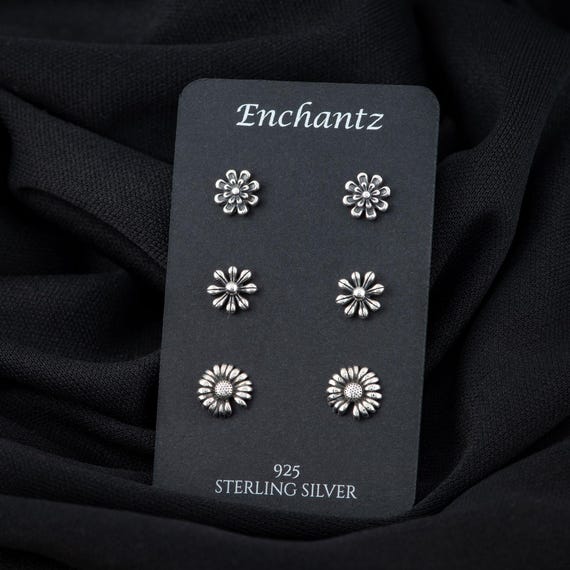 Solid 925 Sterling Silver Flower Stud Earrings, Flower Earrings Studs, Floral Theme Nature Inspired Gift for Her, Summer Spring Earrings