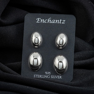 Curved Oval Silver Earrings - Minimalist 925 Sterling Silver Stud Push Back Earring for Women, Comfortable for Everyday Simple Earrings