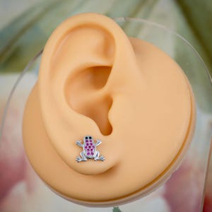 Pink CZ Frog Sterling Silver Earrings for Girls Women, Small Frog Silver Stud Earrings, Animal Jewelry, Nature Inspired, Silver Frog Earring