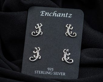 Small Lizard Silver Stud Earrings - Dainty 925 Sterling Silver Earring Studs for Children Girls, Animal Gecko Earrings Fun Gift for Her