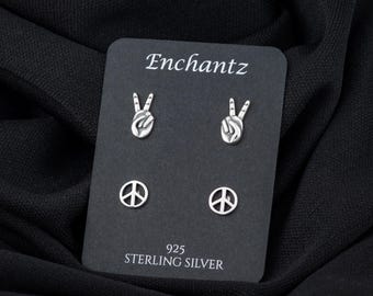 Solid 925 Sterling Silver Peace Hand Sign Stud Earrings for Children Woman, Tiny Peace Symbol Earrings, Birthday Gift, Dainty Minimalist
