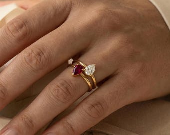 18K Gold Birthstone Ring, Heart Design, Personalized Family Jewelry, Two Stone Ring