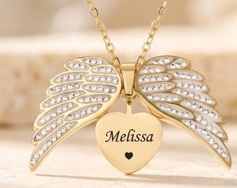 Personalized Angel Wing Necklace, Custom Name Pendant, Hidden Message Locket, Memorial Jewelry, Gold Silver Gift
