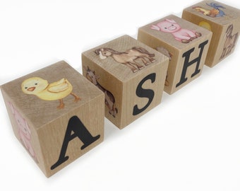 Farm Animal Nursery Decor, Wooden Name Blocks, Farm Animals, Baby Boy Nursery, Baby Shower Gift