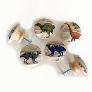 May include: Five round wooden knobs with a beige fabric covering. Each knob features a different dinosaur illustration in various colors, including green, blue, and brown.