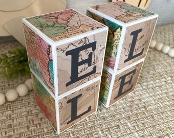 World Map Travel Nursery Decor: Personalized Wood Name Blocks