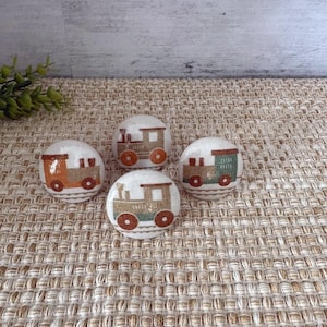 Wooden Train Drawer Pulls; Nursery Knobs for Boys in Muted Neutral Colors