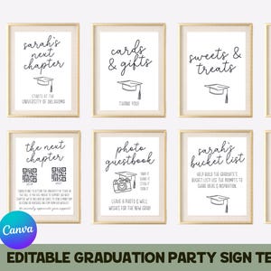 May include: Eight framed graduation party sign templates with text like "Sarah's Next Chapter" and "Cards & Gifts." Each sign has a graduation cap graphic. The bottom of the image reads "Editable Graduation Party Sign Templates."