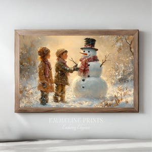 Vintage Kinder Bauen Schneemann Kunstdruck: Winter Motiv (Digitaler Download)